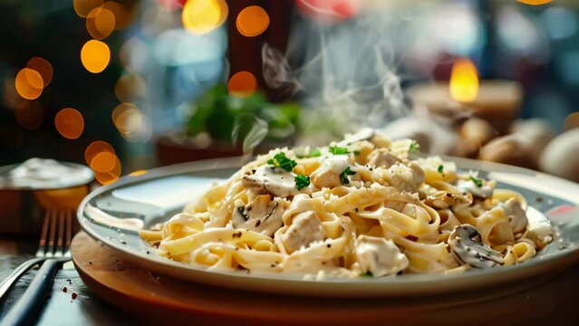 Animated fresh cooked Italian spaghetti pasta with sauce, tomatoes, basil, parmesan and steam, traditional Italian cuisine restauraunt