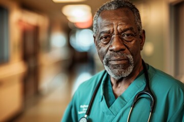 Fototapeta premium Portrait of a senior male African American health worker in hospital