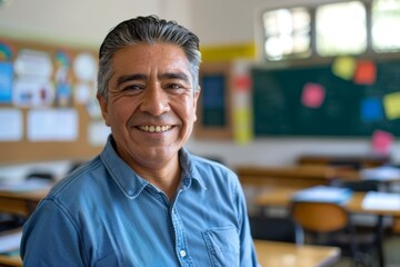 Fototapeta premium Portrait of a middle aged male teacher in classroom