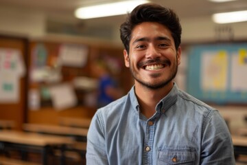 Fototapeta premium Portrait of a smiling male Hispanic teacher in classroom