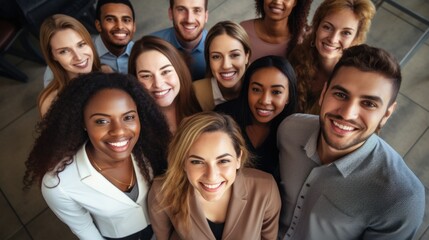Fototapeta premium Group of various happy young people looking up and smiling at the camera. Company employee team view from above