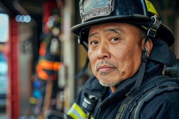 Portrait of a middle aged male Asian firefighter