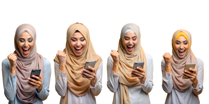 Happy young Arab women smartphone winning game isolated on transparent background PNG file