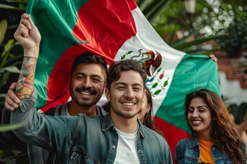 Fiesta Flair: Handsome man waves a Mexican flag against a green backdrop, with Mexican friends celebrating Independence Day in Mexico, holding their national flag