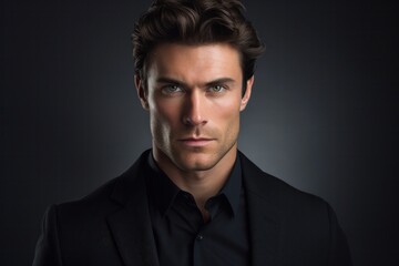 Elegant man with delicate eyes against a gray background.