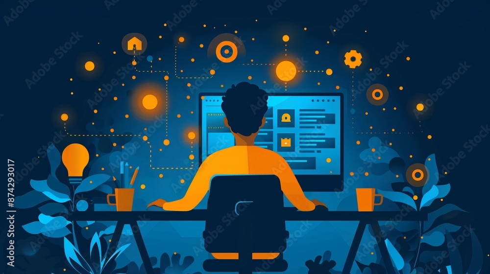 Poster person working on computer with illuminated interface design