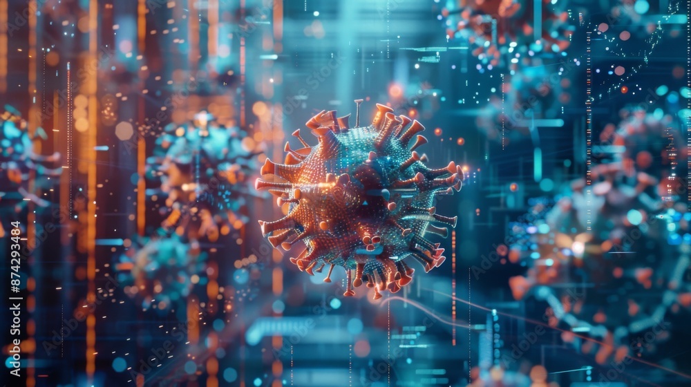 Leinwandbilder A 3D rendering of a coronavirus, in a digital background of blue and orange lights and data streams.