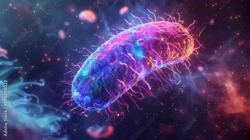 Aufkleber a digital rendering of a bacterium with vibrant blue and pink colors against a dark background with 