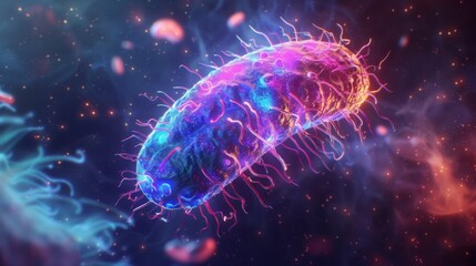 A digital rendering of a bacterium with vibrant blue and pink colors against a dark background with bright particles.