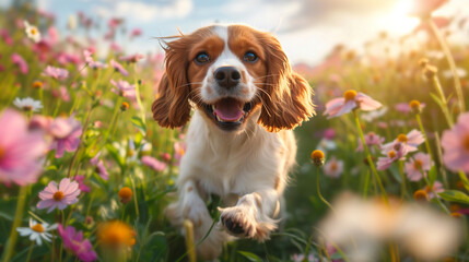 A cheerful Cocker Spaniel romping in a meadow full of wildflowers, bathed in bright sunlight, creating a joyful scene.
