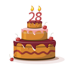 Twenty eight year anniversary. Vector birthday cake. Holiday cake with candle.  Big chocolate cake. Twenty eight  year old. Twenty seven party. Big delicious cake.