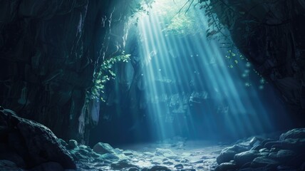 Fototapeta premium Enchanting grotto illuminated by a mystical light from above.