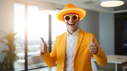 Excited businessman or office worker holding orange beach ring looking at camera