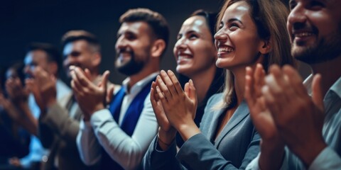 Obraz premium A satisfied audience cheerfully applauds during a business meeting or seminar.