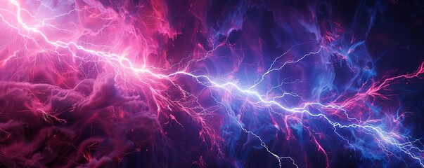 A bolt of lightning glowing blue and purple strikes each other against a black background
