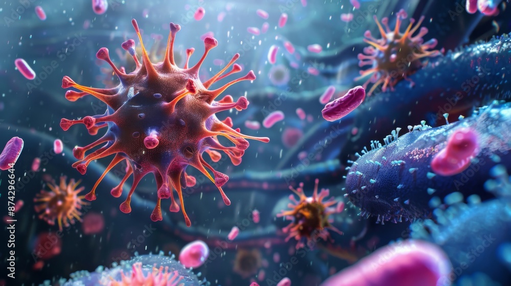 Leinwandbilder A close-up image of a virus, with many smaller bacteria surrounding it. The image is rendered in a vibrant, colorful style, emphasizing the intricate detail of the microorganisms.