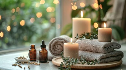 Design a serene spa scene with candles, towels, and essential oils. 