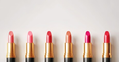 Obraz premium A number of lipsticks with red tones are lined up neatly on a white background