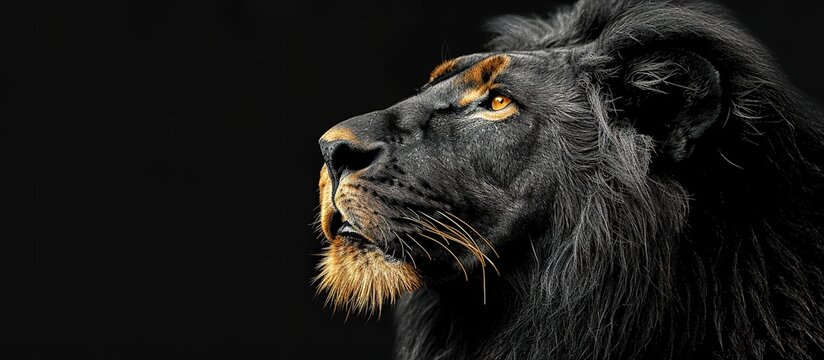 A lion palm with dark gray fur taken from the side facing forward is exposed to yellow light on a black background