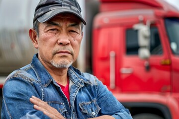 Fototapeta premium Portrait of a middle aged male Asian truck driver