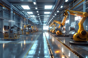 Fototapeta premium Interior of a modern factory with robotic arms