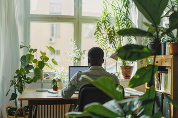 Man working remotely with laptop in a plant-filled home office