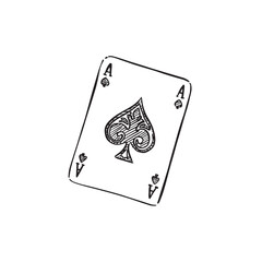 A line drawn playing card Ace of Spades in black and white. A sketchy style digital vector with shading using lines. Hand drawn digitally. 