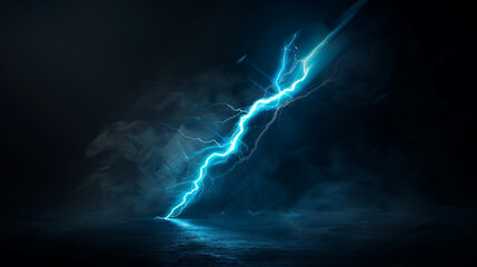 Dramatic blue lightning bolt striking through dark stormy clouds, capturing the raw power and intensity of nature's electric force.