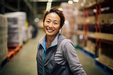 Fototapeta premium Smiling portrait of middle aged female warehouse worker