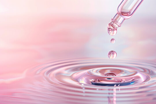 Close-up of a dropper releasing liquid into water, causing ripples with a soft pink background. Beauty, skincare, and wellness concept image.
