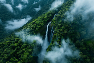 Stunning aerial view of lush green rainforest with waterfalls and mist, creating a serene and tranquil natural landscape.