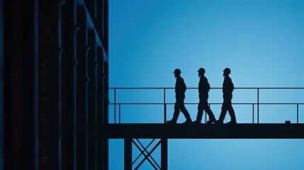 Three silhouetted figures walk across a metal walkway against a blue sky.