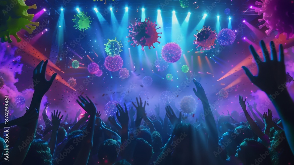 Poster a crowd of people dance at a concert while glowing virus particles float above them.