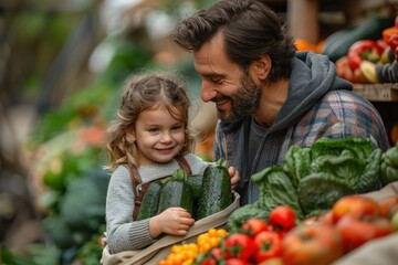 A father and his young daughter enjoy a day out at a vibrant market, carefully selecting fresh vegetables, highlighting a healthy lifestyle and father-daughter bonding.