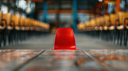A single red chair stands out in a row of wooden chairs, creating a striking visual contrast.