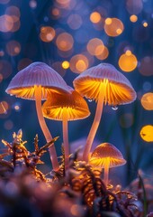 Fototapeta premium A cluster of magical glowing mushrooms in a night forest, surrounded by enchanting bokeh lights creating a mystical ambiance.
