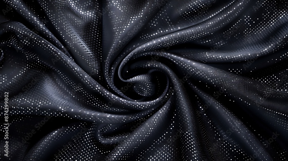 Poster a dramatic close-up of a black silk cape fabric with a shimmering sequined star pattern. the sequins