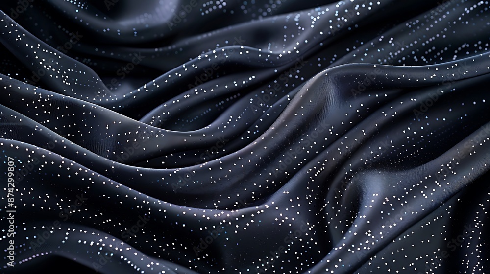 Poster a dramatic close-up of a black silk cape fabric with a shimmering sequined star pattern. the sequins