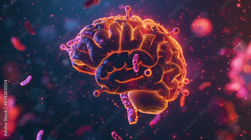 Leinwandbilder a digital rendering of a human brain with glowing red and orange lines, surrounded by various floati
