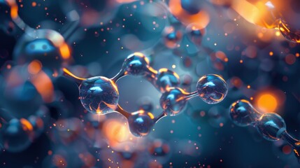 Abstract molecular structure, glowing with vibrant blue and orange light. A captivating representation of science and technology.