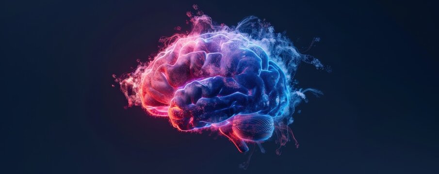 Abstract brain shape with red and blue smoke.