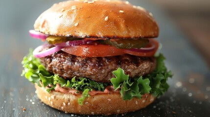 Produce an appetizing image of a gourmet burger with all the fixings. 