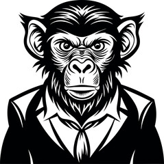 A black and white drawing of a monkey wearing a suit and tie