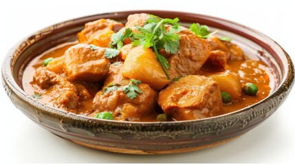 A delicious, hearty meat and vegetable stew garnished with fresh herbs, served in a rustic ceramic bowl against a white background.