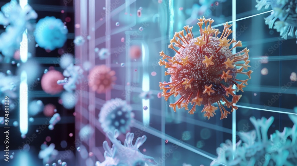 Poster a 3d rendering of a coronavirus particle with other particles in the background.