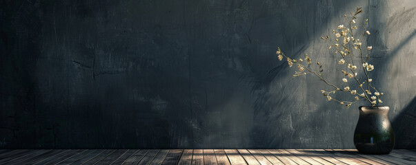 A dramatic scene featuring an empty wall in deep charcoal gray, with a matte finish and subtle shadows, creating a sophisticated and modern backdrop.