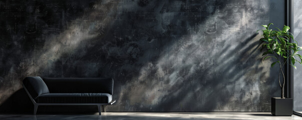 A dramatic scene featuring an empty wall in deep charcoal gray, with a matte finish and subtle shadows, creating a sophisticated and modern backdrop.