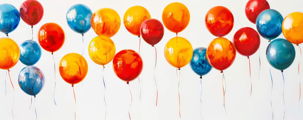 A dynamic array of balloons in vibrant primary colors, floating in a whimsical pattern against a white background, evoking a sense of joy and celebration.