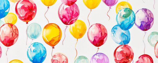 A dynamic array of balloons in vibrant primary colors, floating in a whimsical pattern against a white background, evoking a sense of joy and celebration.