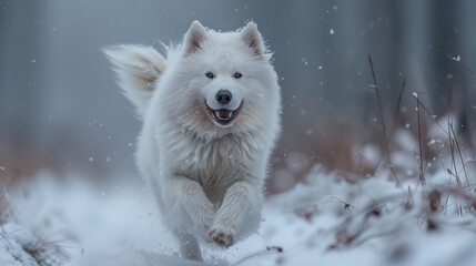 Obraz premium A Samoyed speeds through a snowy forest, its white fur matching the snowy landscape. The serene scene underlines the breed's natural elegance and playful charm.